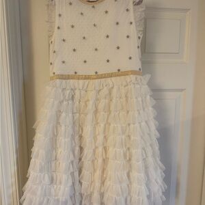 Mini Boden white tulle ruffle party dress with gold star details